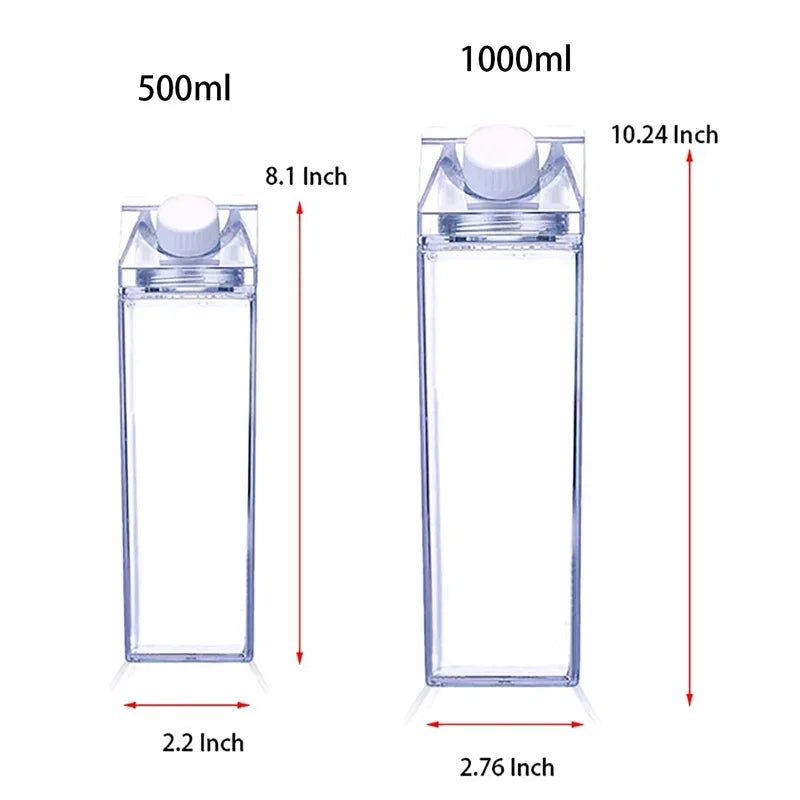 A product image of two empty clear bottles shaped like milk cartons, showing their sizes and labeled with their dimensions and capacities (500ml and 1000ml).