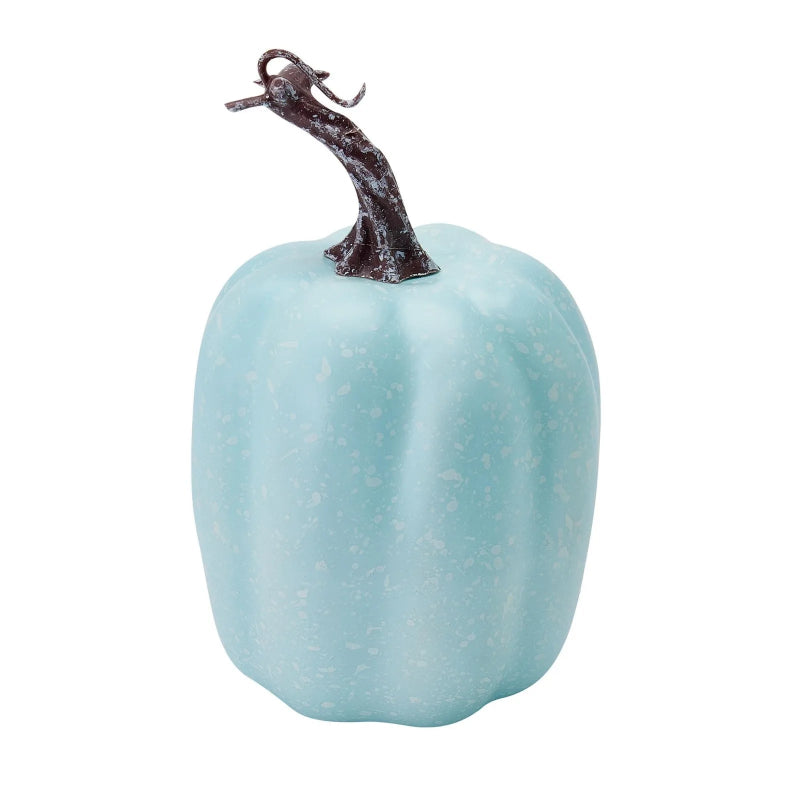 A vertical, speckled light blue decorative pumpkin with a long, curved dark brown stem.