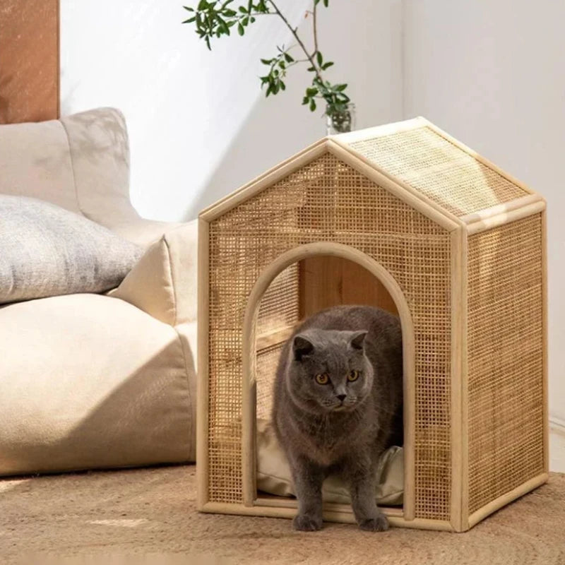Stylish handcrafted rattan pet house for cats and small dogs.