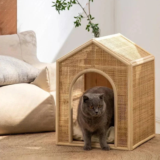 Stylish handcrafted rattan pet house for cats and small dogs.