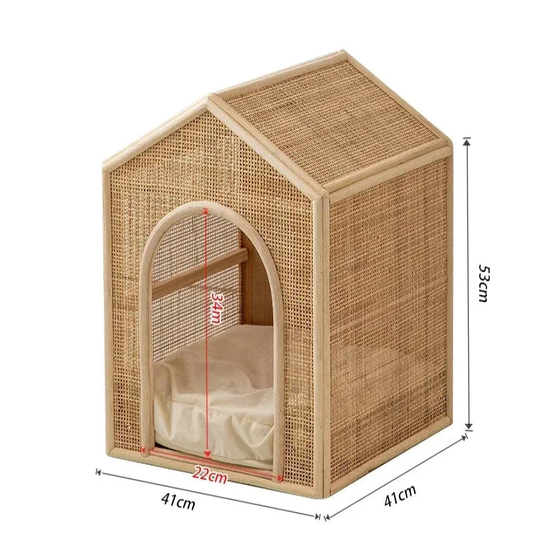 Lightweight and sturdy rattan pet bed with a soft cushion.