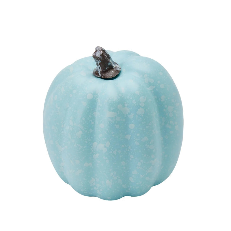 A speckled, light blue decorative pumpkin with a dark brown stem.
