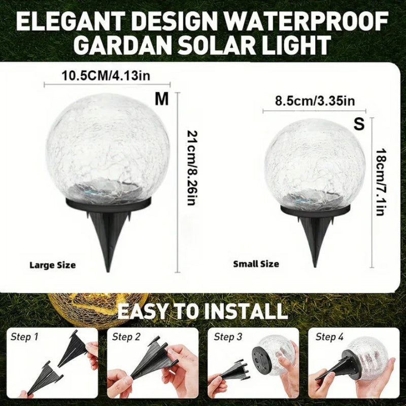 Instructional image showcasing two sizes of waterproof garden solar lights with crackle glass globes. The medium size is 10.5 cm (4.13 in) wide and 21 cm (8.26 in) tall, while the small size is 8.5 cm (3.35 in) wide and 18 cm (7.1 in) tall. The bottom section illustrates a four-step installation process for assembling and inserting the ground stake.