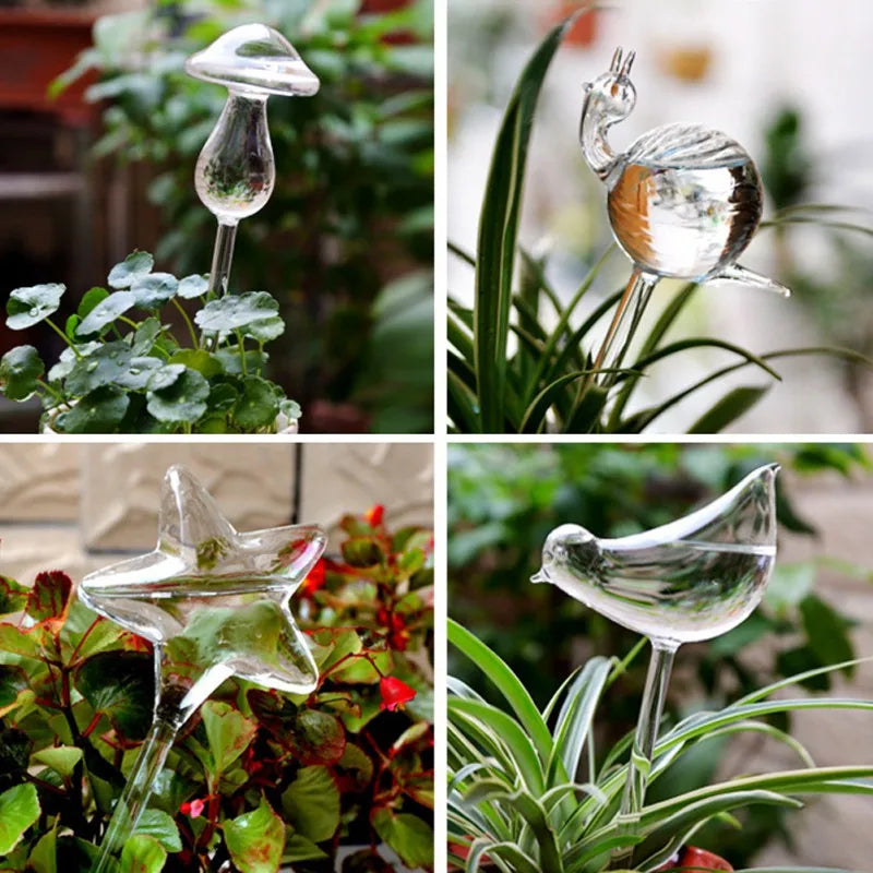 A collage presents four distinct potted plants, each featuring a different clear glass automatic waterer in the shape of a mushroom, snail, star, and bird, providing a close-up view of varied plant care accessories.