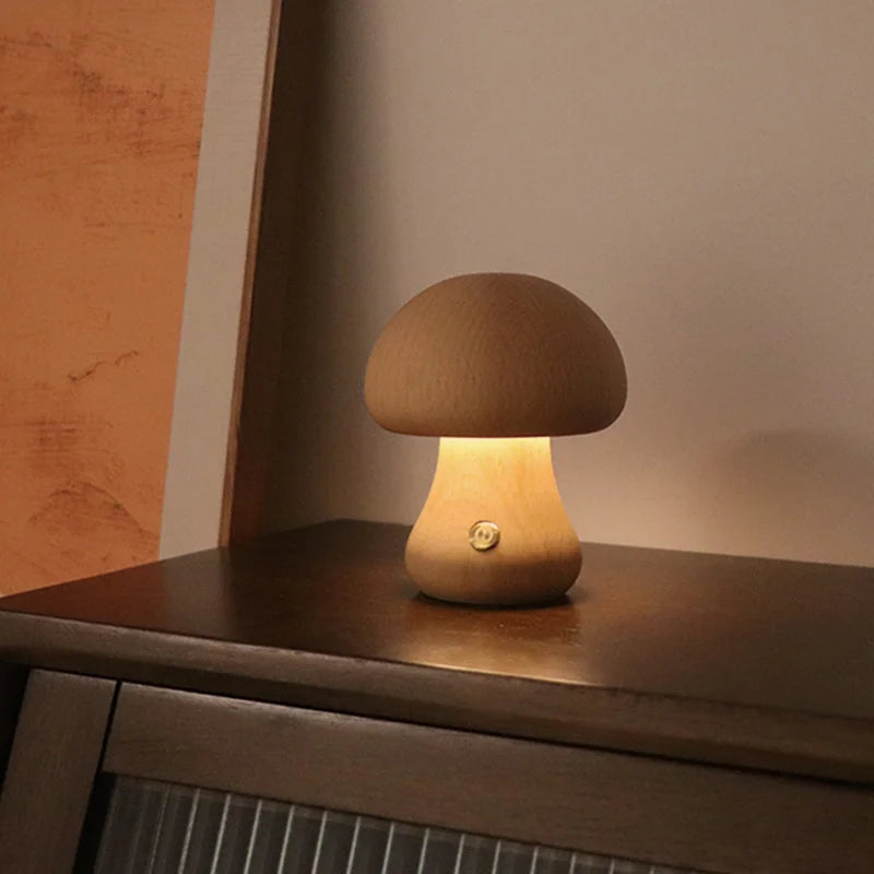 Stylish Wooden Mushroom Lamp with LED lighting, creating a soft, inviting glow in any space.