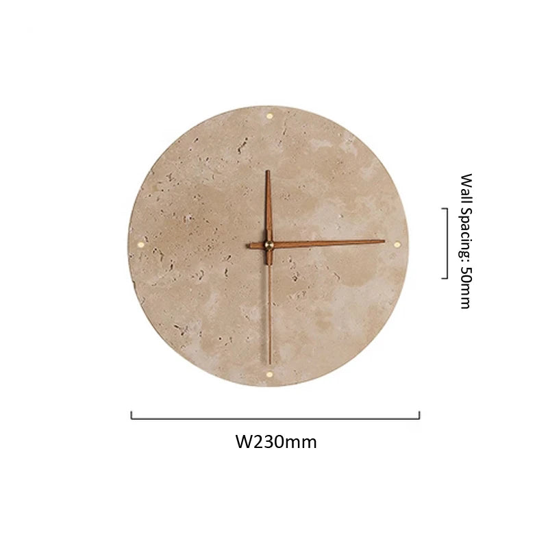 A round wall clock with a light-colored, textured stone face and simple brown hands is shown against a white background with dimension indicators. The clock has a width (W) of 230mm and a wall spacing of 50mm.