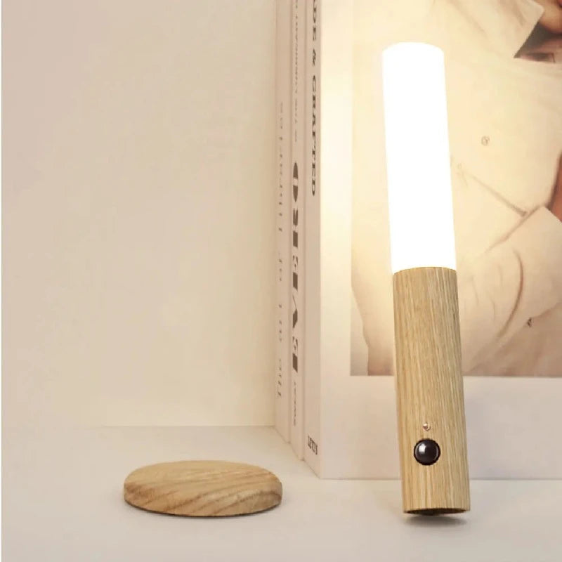 Lumi Wood USB Motion Sensor Light with sleek oak finish, ideal for hallway or bedroom.