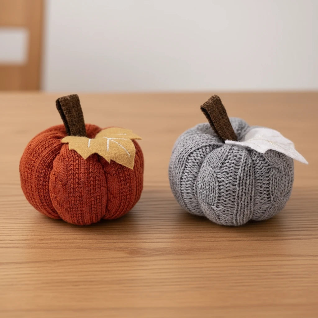 Two knitted pumpkins, one orange and one gray, each with a brown stem and a fabric leaf, isolated on a white background.