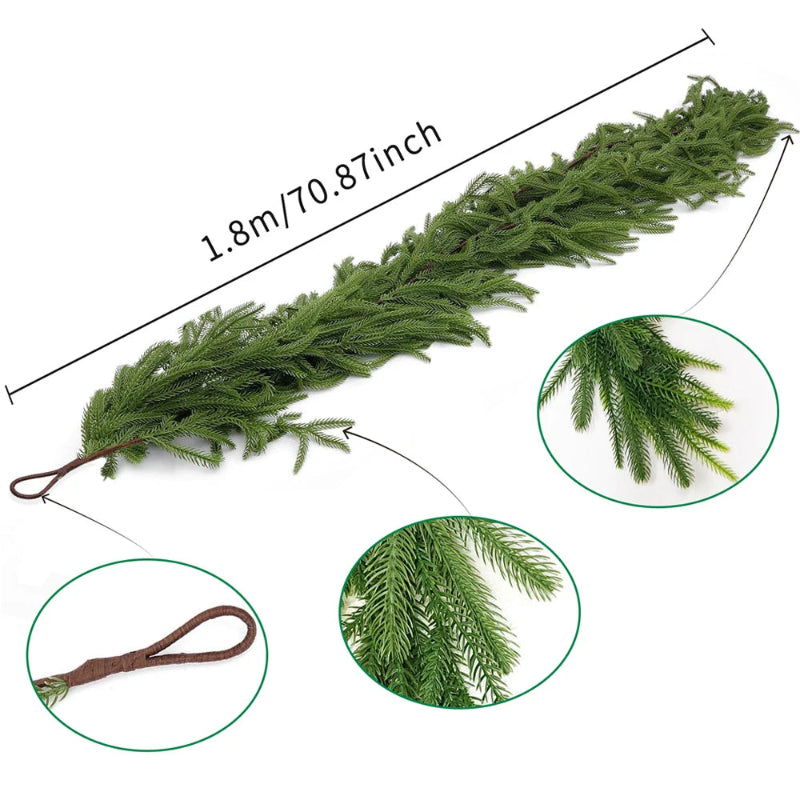 A green garland with a length measurement and close-ups.