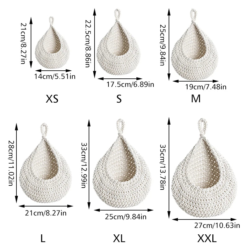 A graphic displaying six crocheted hanging baskets of varying sizes, labeled XS to XXL, with their corresponding dimensions in centimeters and inches.