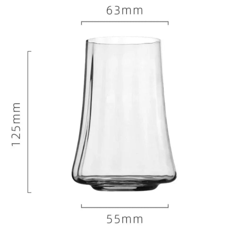 Clear glass tumbler with dimensions and weight capacity on a white background