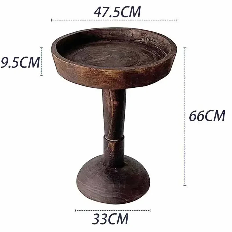 A rustic, dark wood, round side table (Momo Wabi-sabi Log Small Coffee Table) with a shallow tray top, shown with dimensions: 47.5cm width, 9.5cm tray depth, 66cm height, and 33cm base diameter.