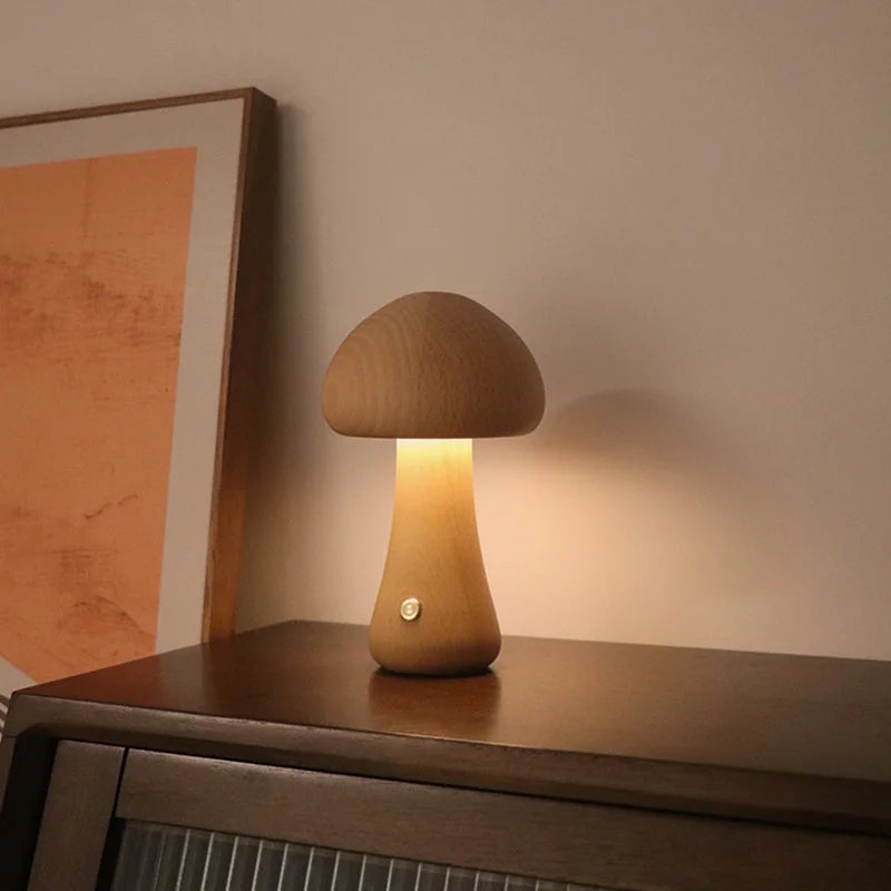 Rustic Wooden Mushroom Lamp featuring a warm, earthy glow for living rooms or bedrooms.