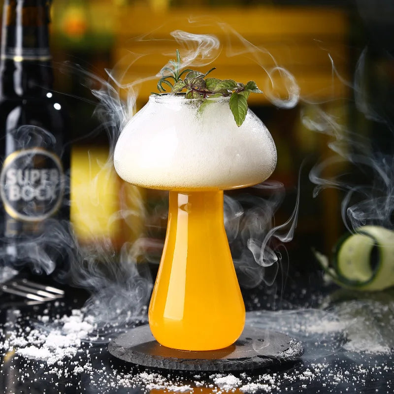 Whimsical Mushroom Glasses with unique mushroom stem design, perfect for garden parties or gifts.