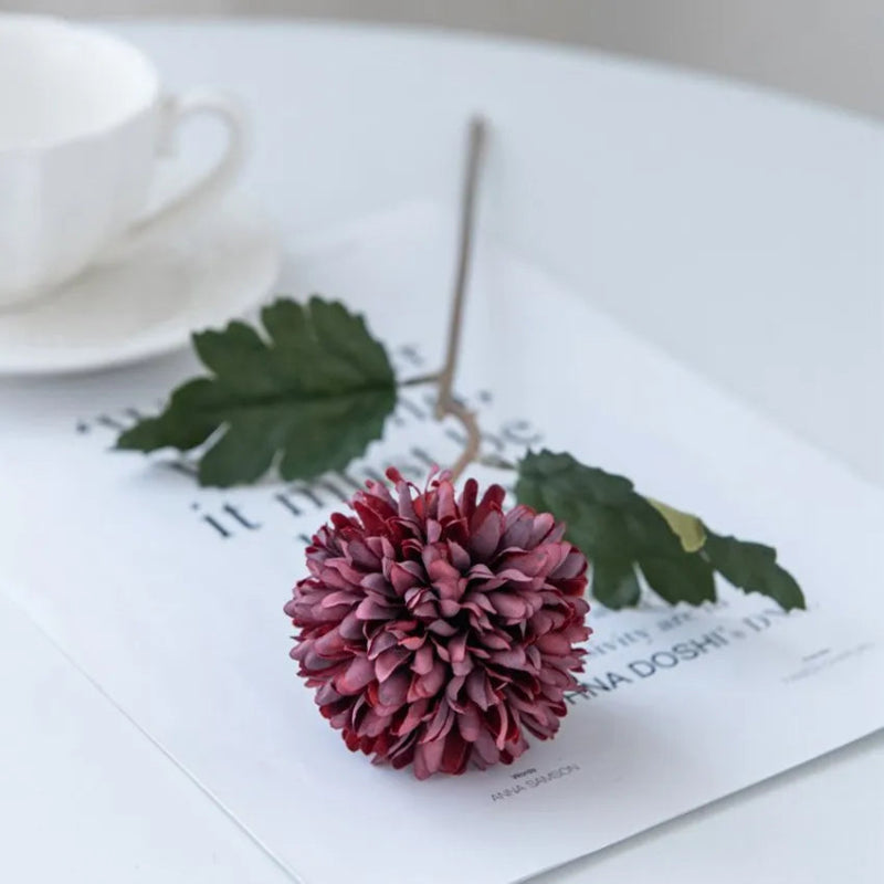 A single dark red chrysanthemum flower on a white table with a cup.