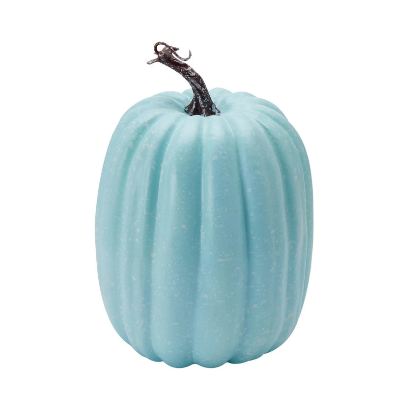 A vertical, speckled light blue decorative pumpkin with a dark brown, curved stem.