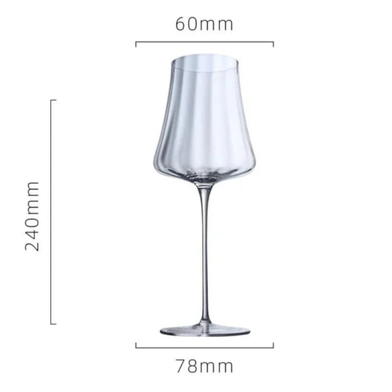 A clear wine glass with dimensions.