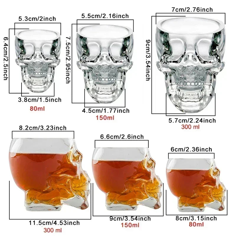 A diagram showing the dimensions and sizes of three different glass skull cups, from smallest to largest, both empty and filled with liquid.