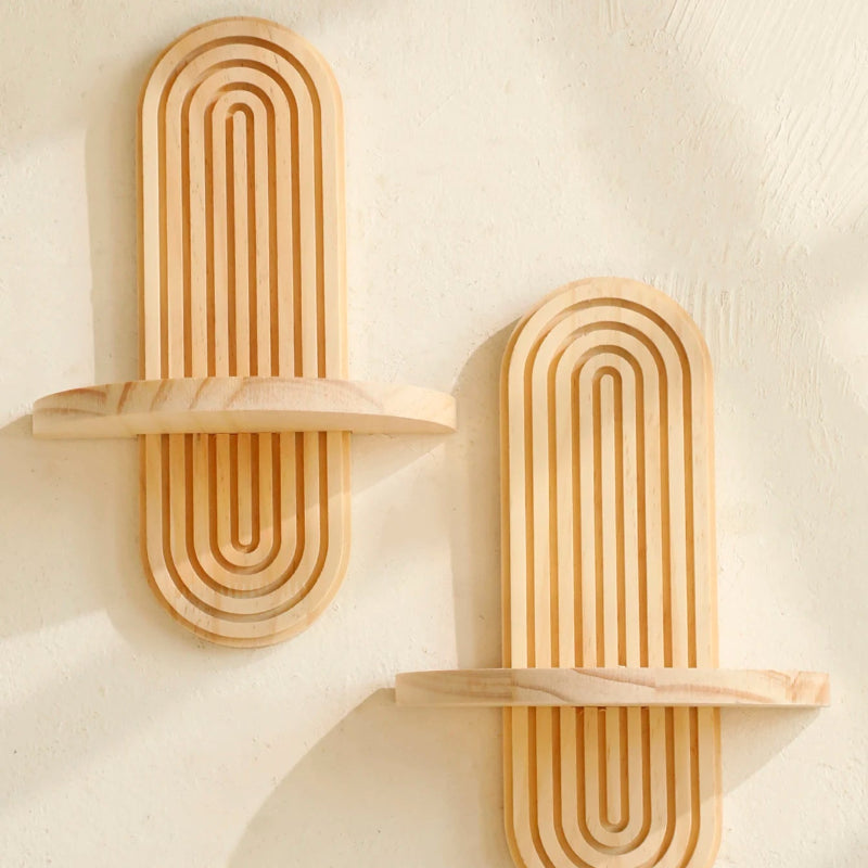 Lightweight wall-mounted wood shelf in modern boho style.