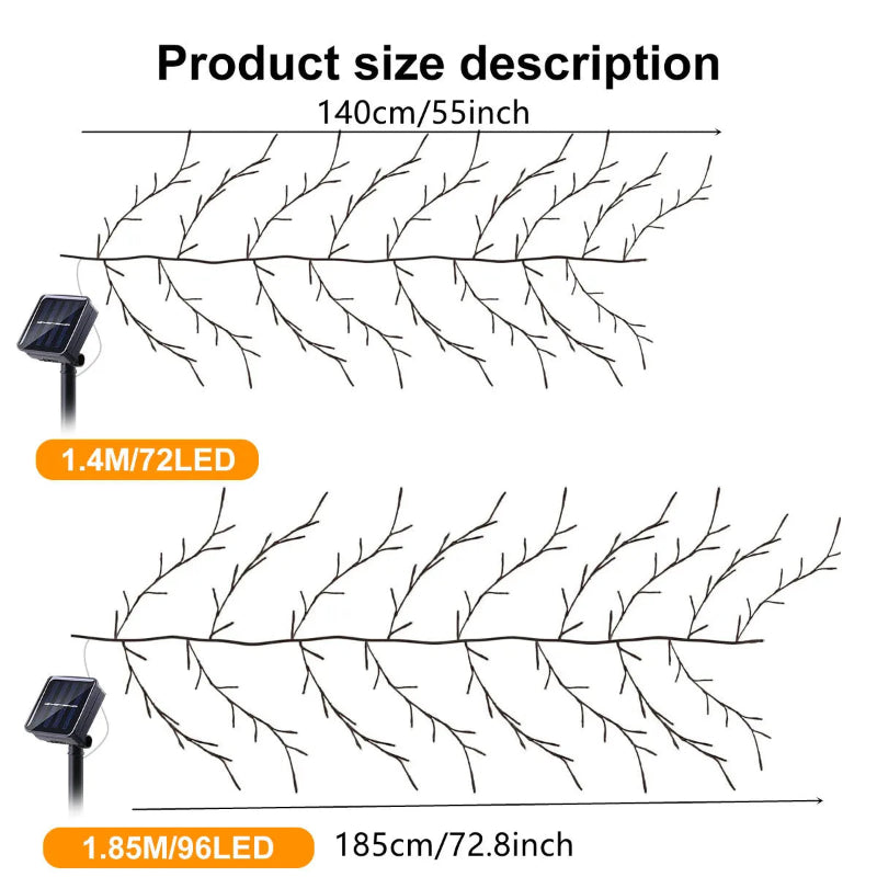 A diagram showing the dimensions of two different strings of branch-shaped solar LED lights, including their length, number of lights, and a depiction of the solar panel.