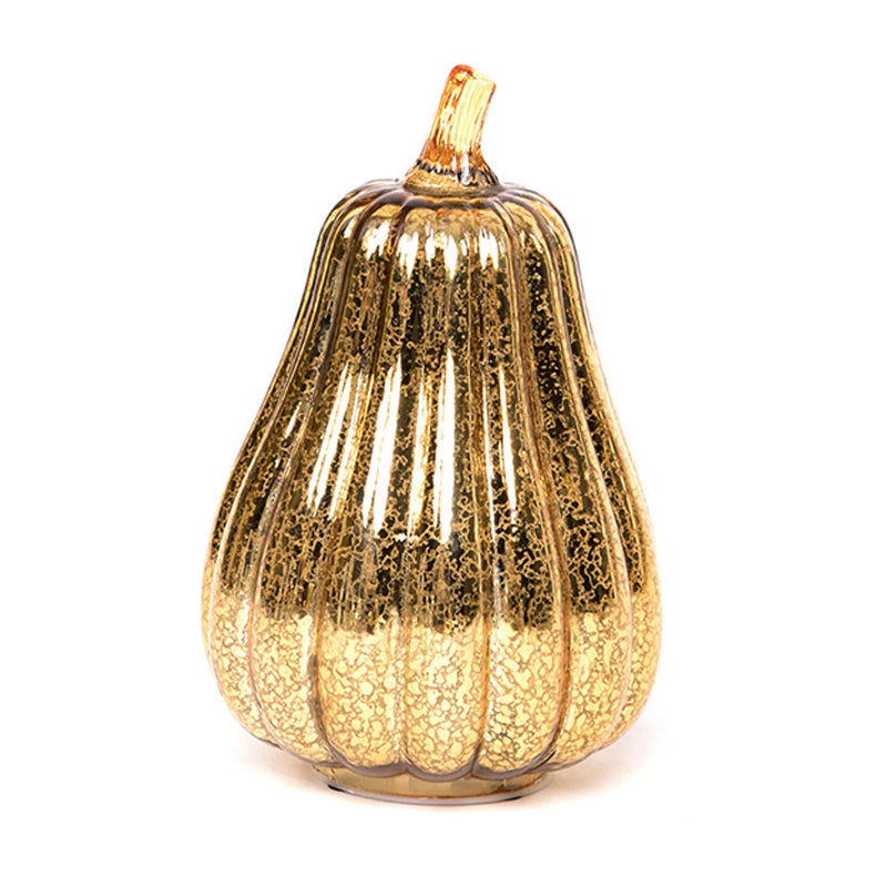 A decorative, pear-shaped gold-colored pumpkin with a textured finish, isolated on a white background.