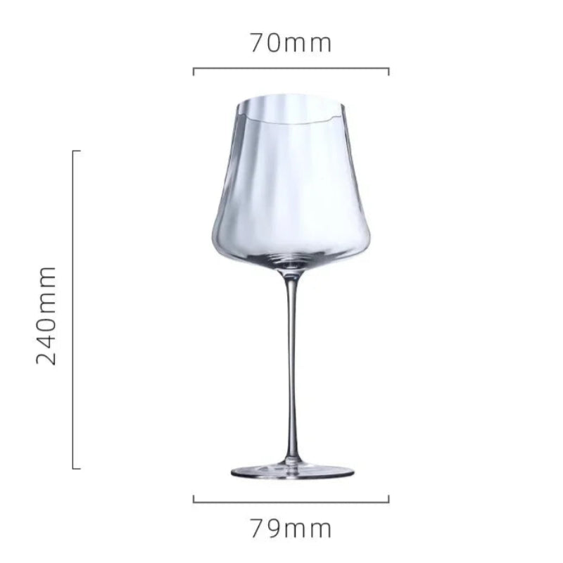 A clear wine glass with dimensions.