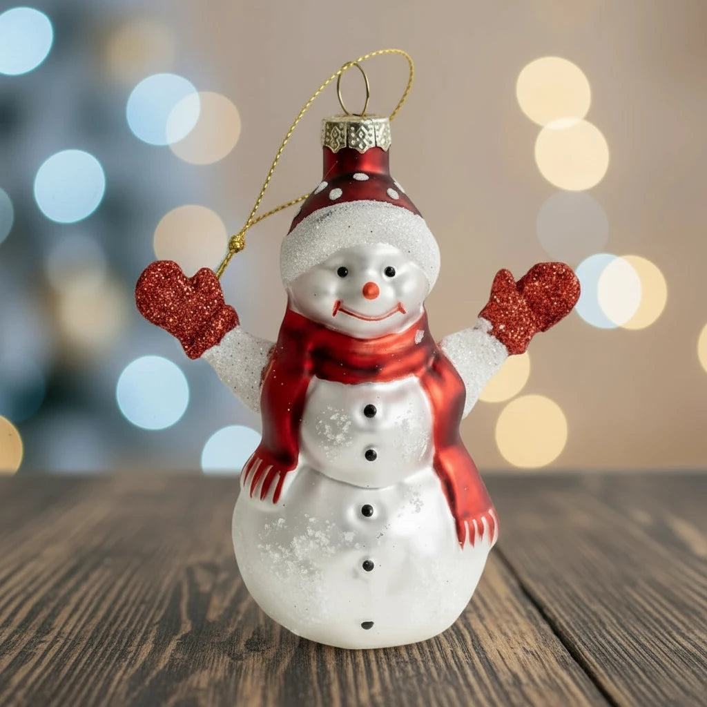 Glass snowman ornament with red scarf, mittens, and hat on a white background
