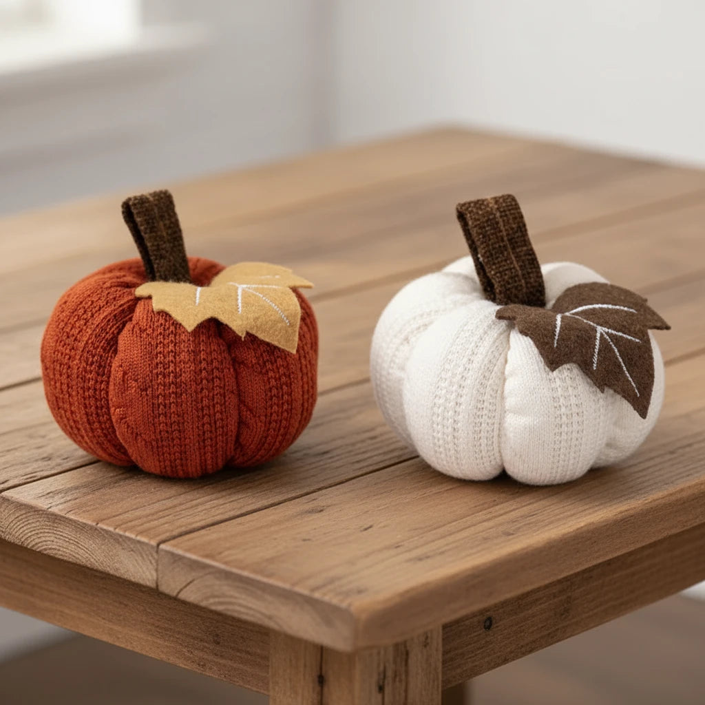 Two knitted pumpkins, one orange and one white, each with a brown stem and a fabric leaf, isolated on a white background.