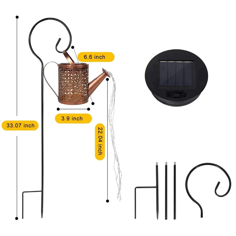 A diagram shows the dimensions and components of a solar-powered watering can garden light. The watering can, with decorative cutouts, hangs from a curved shepherd's hook attached to a stake. 1  The total height from the top of the hook to the bottom of the stake is indicated as 33.07 inches. The watering can itself has a height of 6.6 inches and a spout extending 3.9 inches. A cascade of lights, shown as dashed lines, has a length of 22.04 inches. Also shows the solar panel unit, and the stake and hook