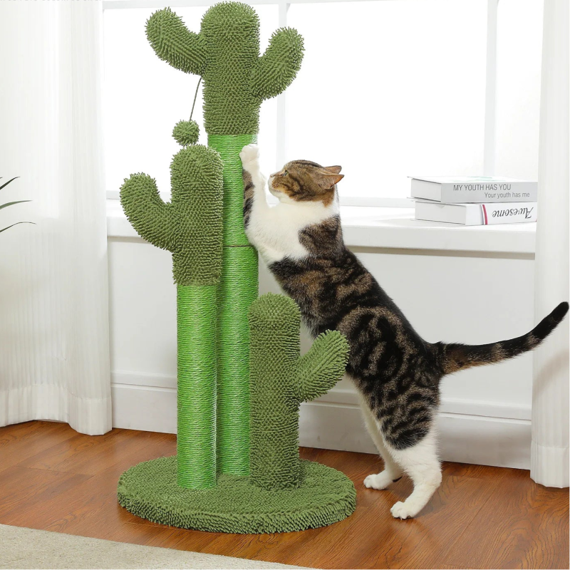A black, brown, and white tabby cat scratches at a tall, green cat scratching post shaped like a saguaro cactus, near a window.