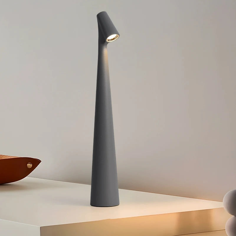 A sleek, modern, dark gray lamp with a narrow, tall base and a small light at the top, standing on a white surface.