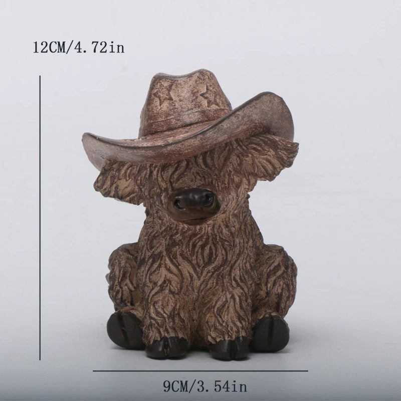 Small figurine of a dog wearing a cowboy hat with measurements on a light gray background