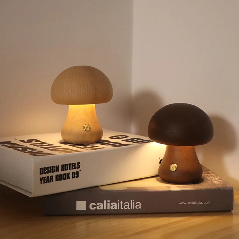 Sculptural Wooden Mushroom Lamp with intricate details, ideal for enhancing rustic or woodland-themed interiors.