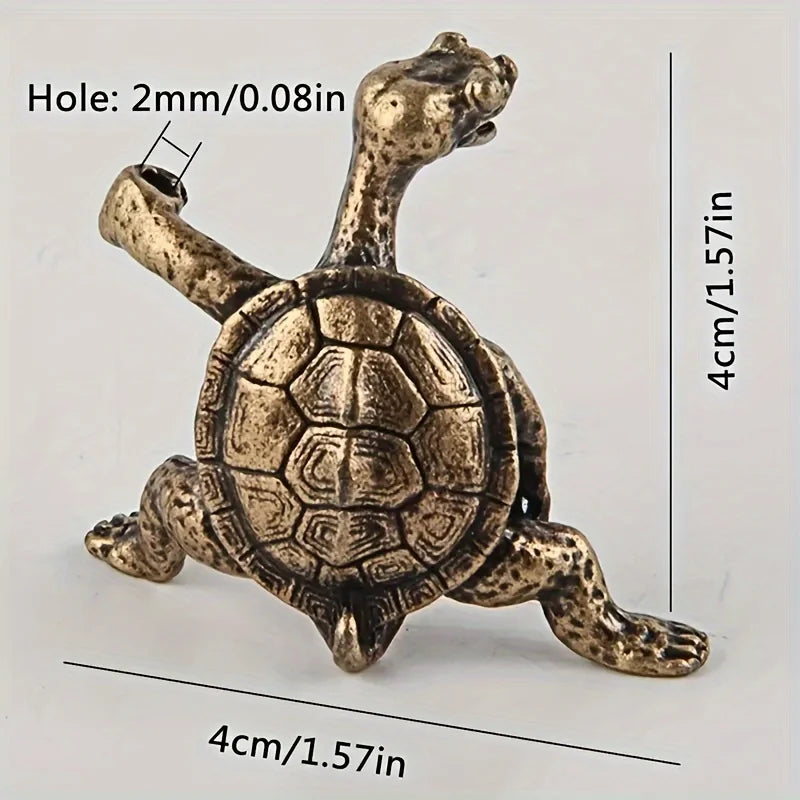 A small, detailed brass turtle figurine, with text showing its dimensions: 4cm tall, 4cm wide, and a 2mm hole for an incense stick.