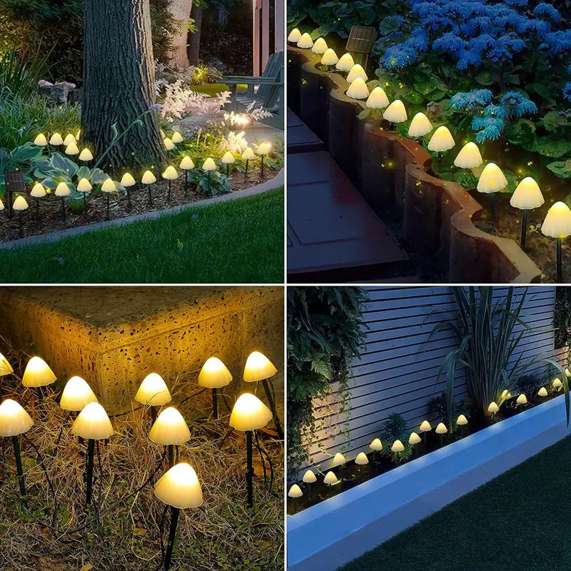 A four-panel image shows numerous small, mushroom-shaped solar lights with translucent caps emitting a warm yellow or white glow in various garden settings at night. The lights are placed along lawns, garden beds with blue flowers, mulch, and a raised planter against a wooden fence.