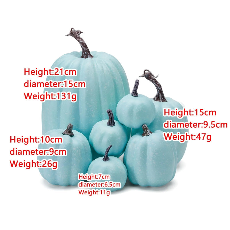 A group of speckled blue pumpkins with their heights, diameters, and weights listed.