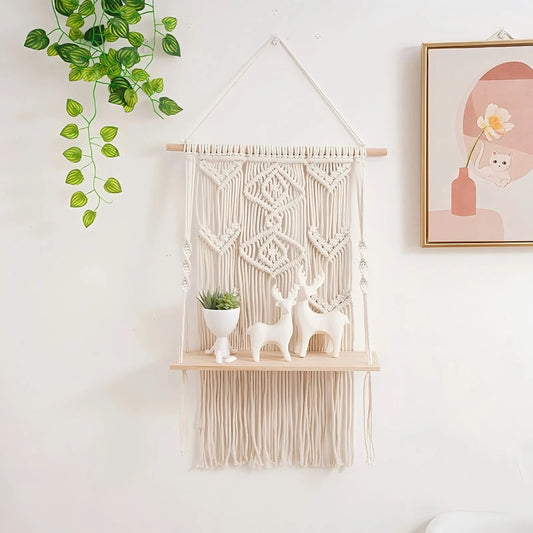 Macrame plant shelf with two-tier offset wood design in natural finish.
