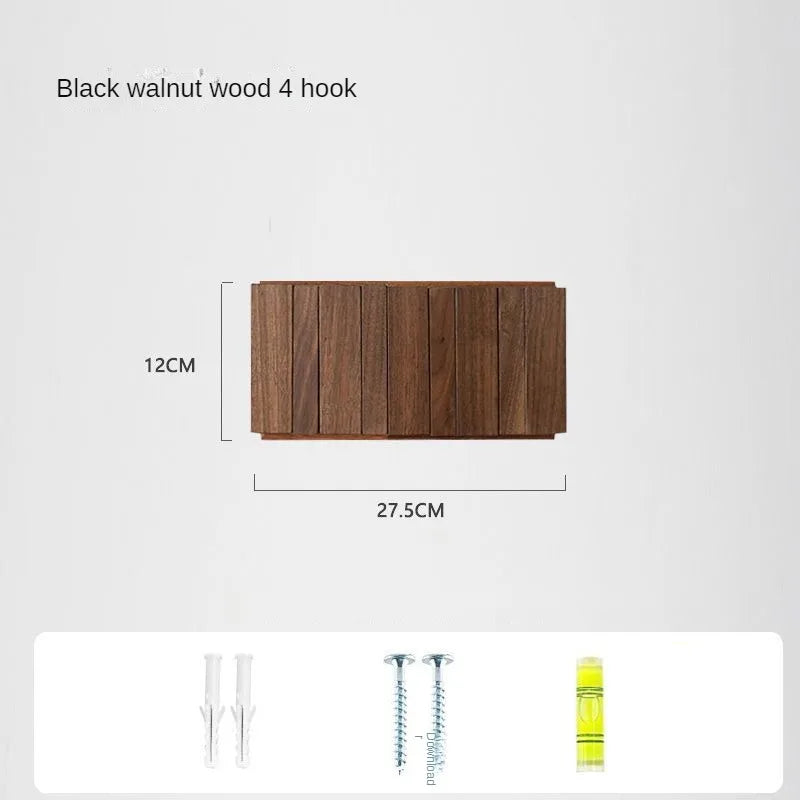 Black walnut wood 4 hook with dimensions and accessories on a white background