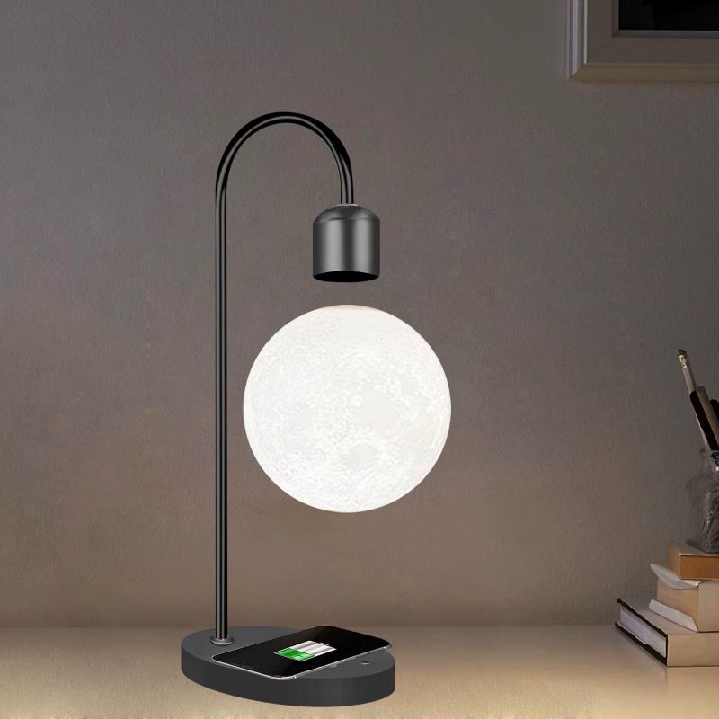 Elegant levitating wireless charger moon lamp, designed to provide a peaceful glow while charging your devices wirelessly.