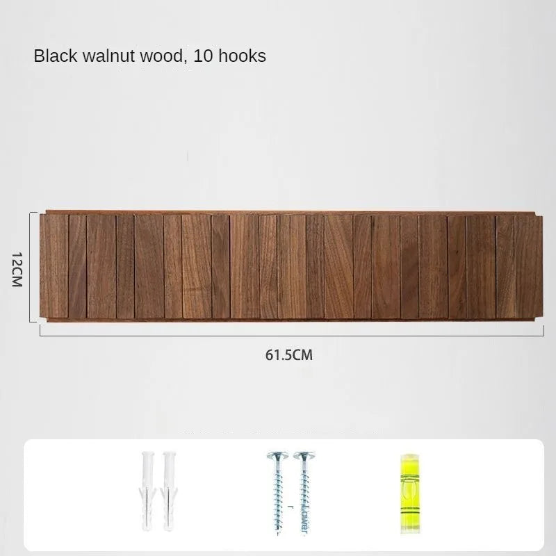 Wooden shelf with dimensions and hooks on a white background