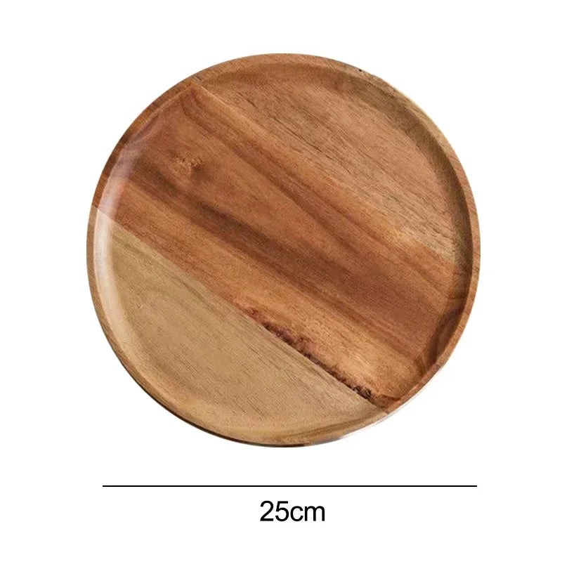 A round wooden plate with a diagonal two-toned grain pattern, and its diameter of 25 cm indicated below it.