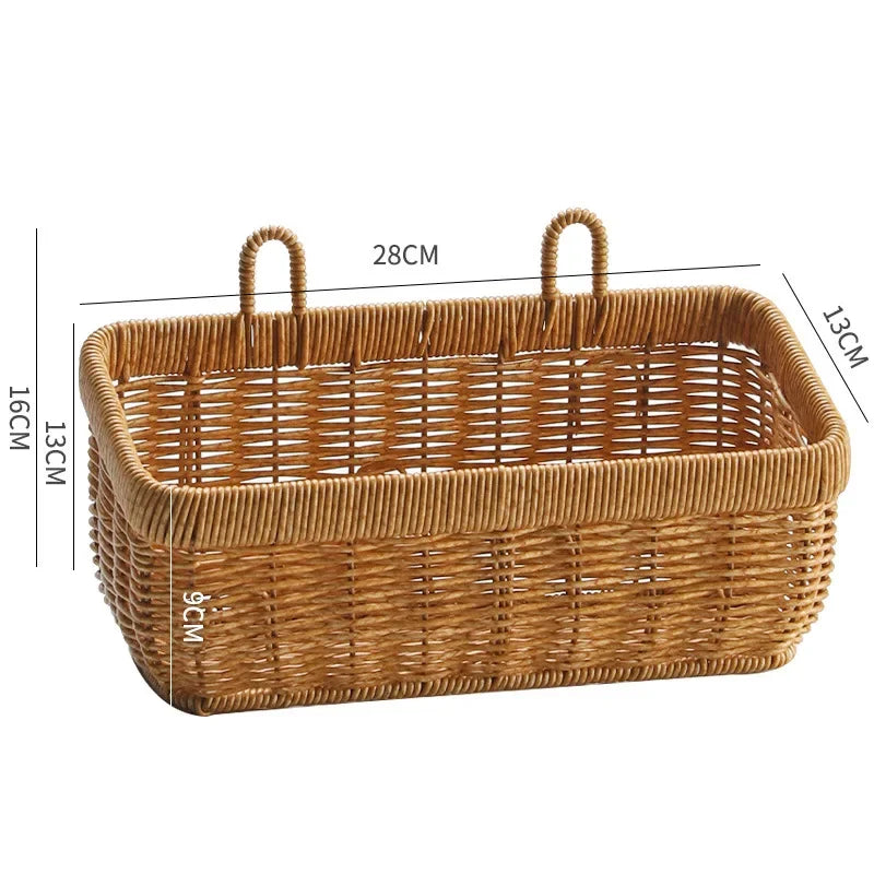 A rectangular woven basket with handles, showing dimension labels.