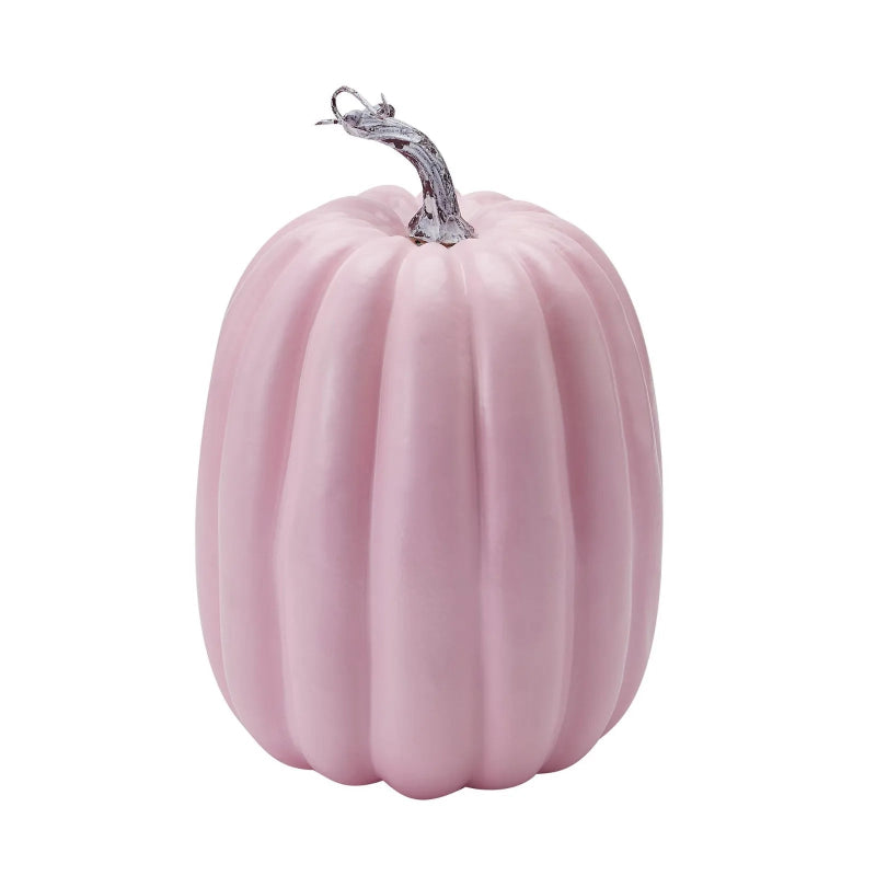 A tall, pink decorative pumpkin with a gray stem.