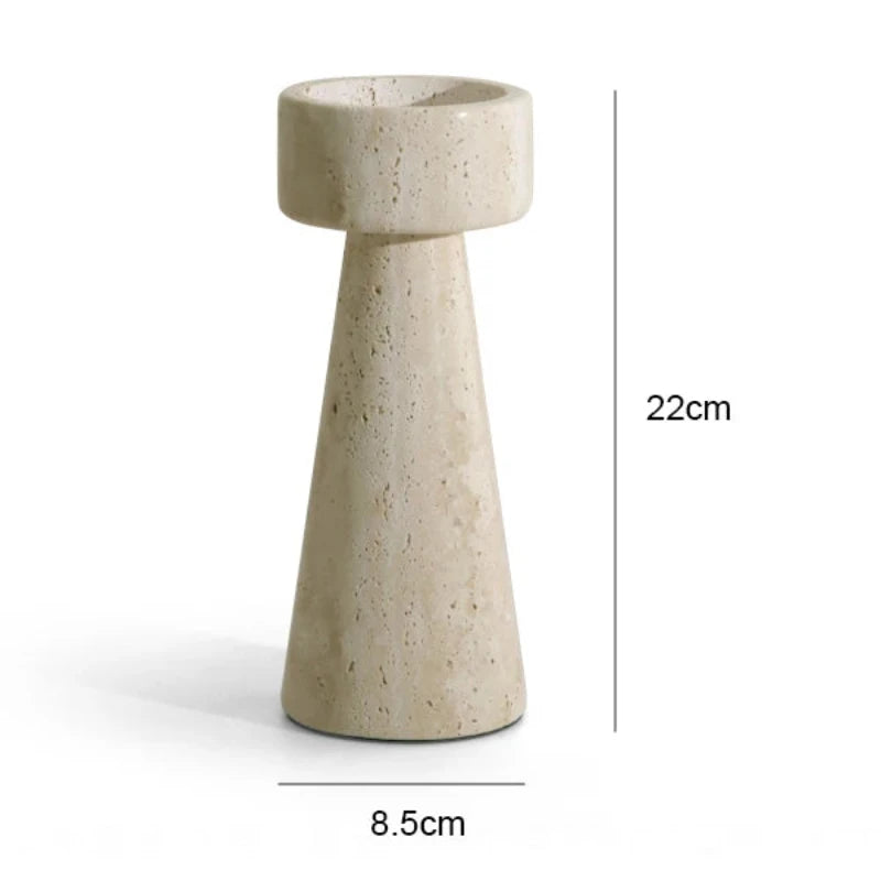 A textured, light-colored faux travertine stone candle holder with a conical base and cylindrical top, shown with dimension indicators for height (22cm) and base diameter (8.5cm).
