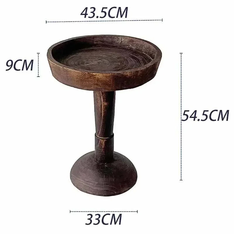 A vintage solid wood sofa side table (or bedside table) with a unique, rustic design, displayed with its dimensions labeled in centimeters.