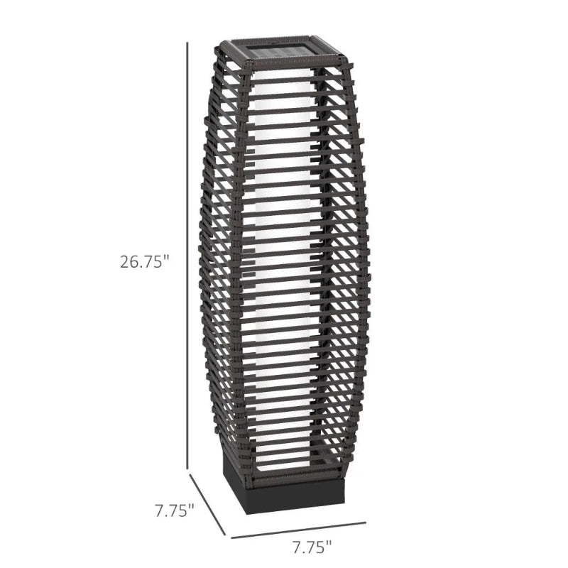Cylindrical outdoor lantern with slatted black frame and dimensions: 26.75 inches high, 7.75 inches wide and deep.