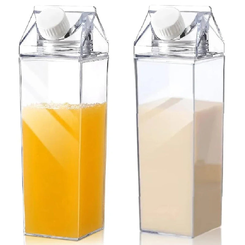 Two clear jugs with white screw caps, one filled with orange juice and the other with milk.