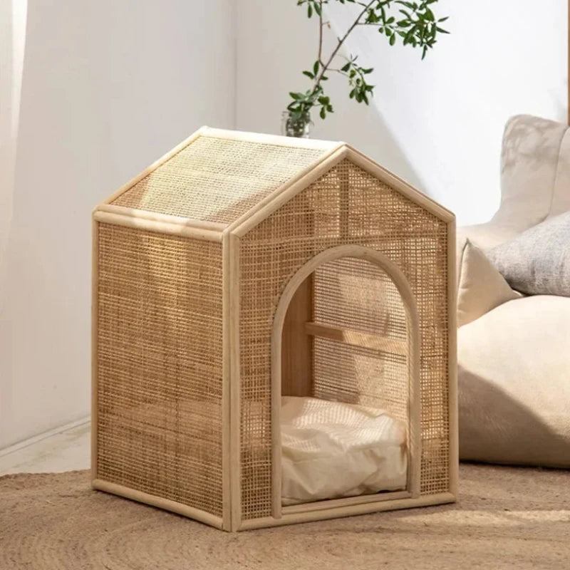Durable and eco-friendly rattan pet house for indoor use.