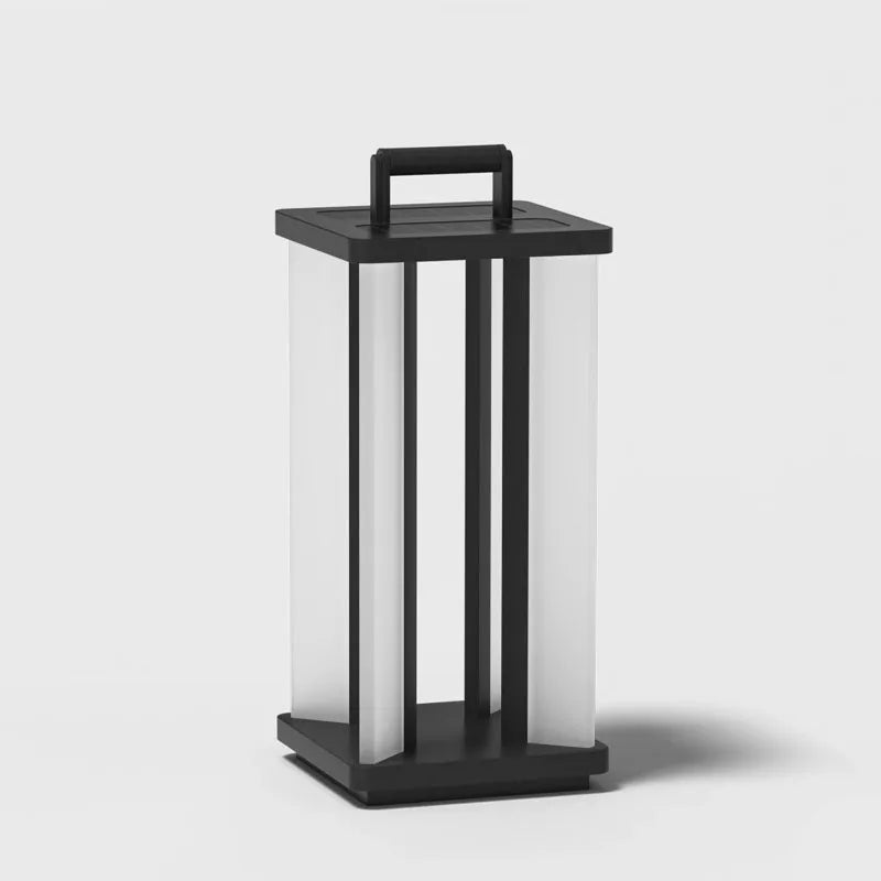 A modern, unlit "Villa Solar Lamp" with a black frame, translucent panels, and a carrying handle, shown against a light gray background.