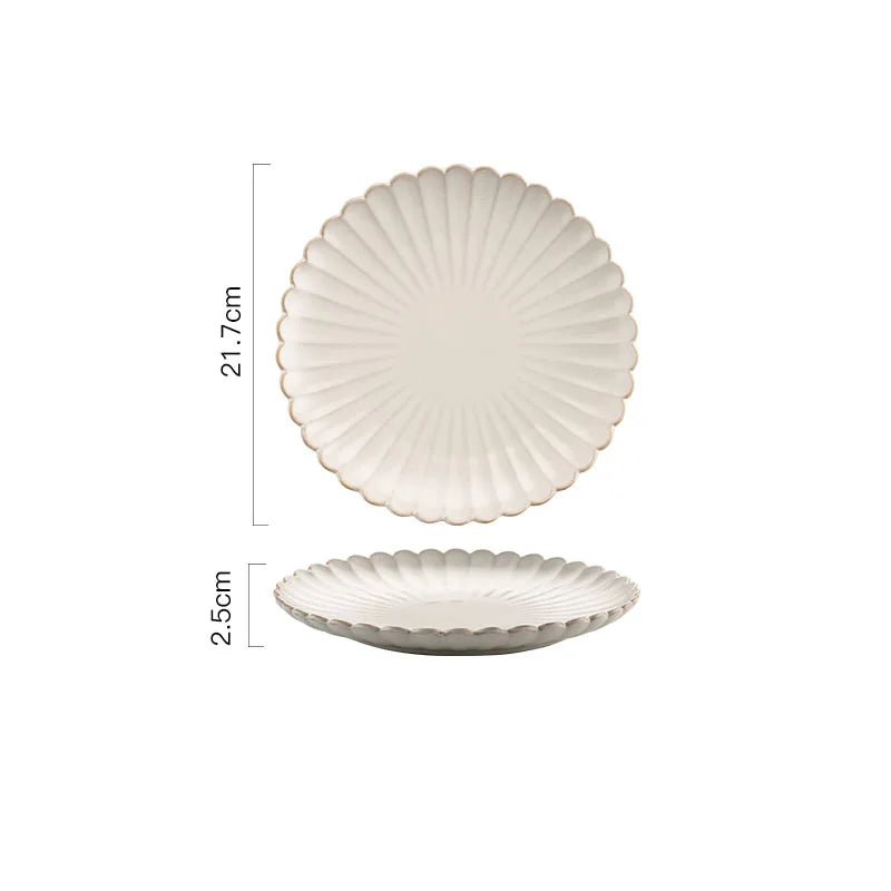 A round ceramic plate with a scalloped edge and raised ridges, measuring 21.7cm in diameter and 2.5cm in height.